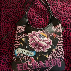 Ed Hardy Black and Pink Floral Shoulder Bag